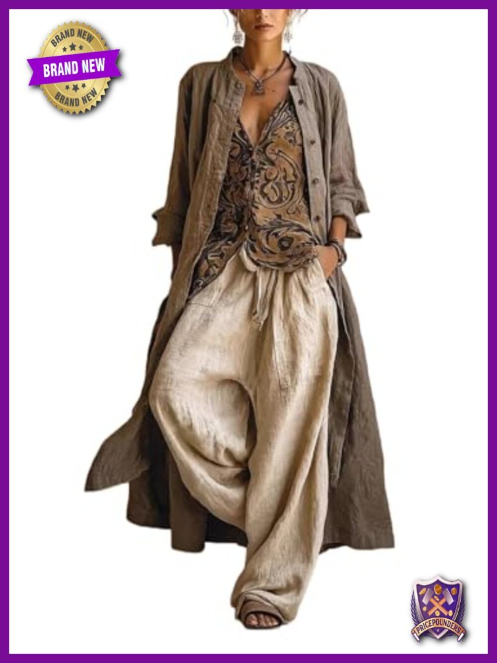 Womens Vintage 3 Piece Duster Coat Tank Top Wide Leg Pants Set Boho